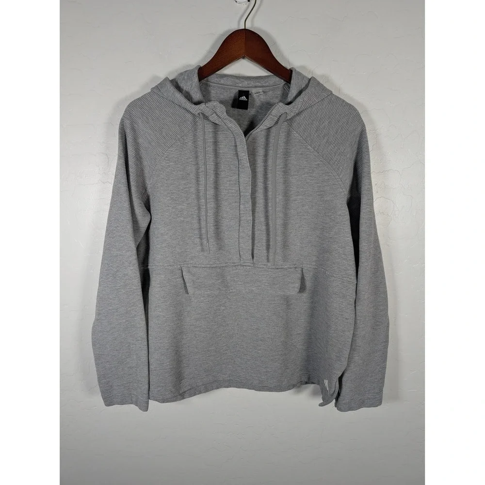 Adidas Hoodie Sweatshirt‎ Womens Large Gray Ribbed Pullover Kangaroo Pocket